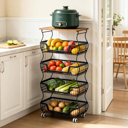 2 Pack 3-Tier Rolling Kitchen Storage Cart Fruit Basket Stand for Vegetables & Snacks Stackable Wire Pantry Floor Organizer with Wheels for Kitchen, Living Room, Bedroom, Office (Black)