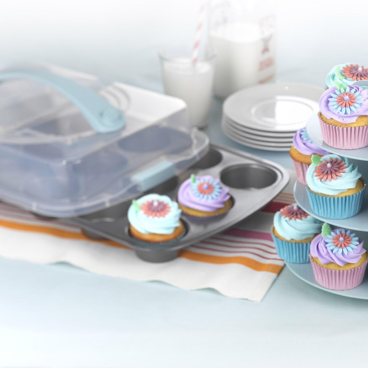 GoodCook Sweet Creations Bake-Take-Serve Nonstick Cupcake Pan Set with Tiered Stand, Silver/Blue
