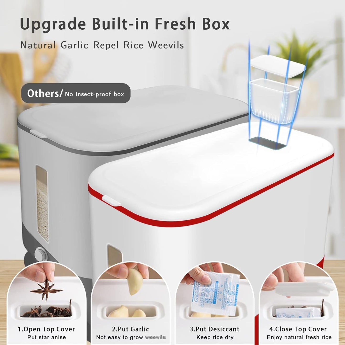 Lenwi 22-25 Lbs Rice Dispenser, Large Cereal Dry Food Storage Containers with Measuring Cup,BPA-Free Household for Kitchen Pantry Organization-Grey