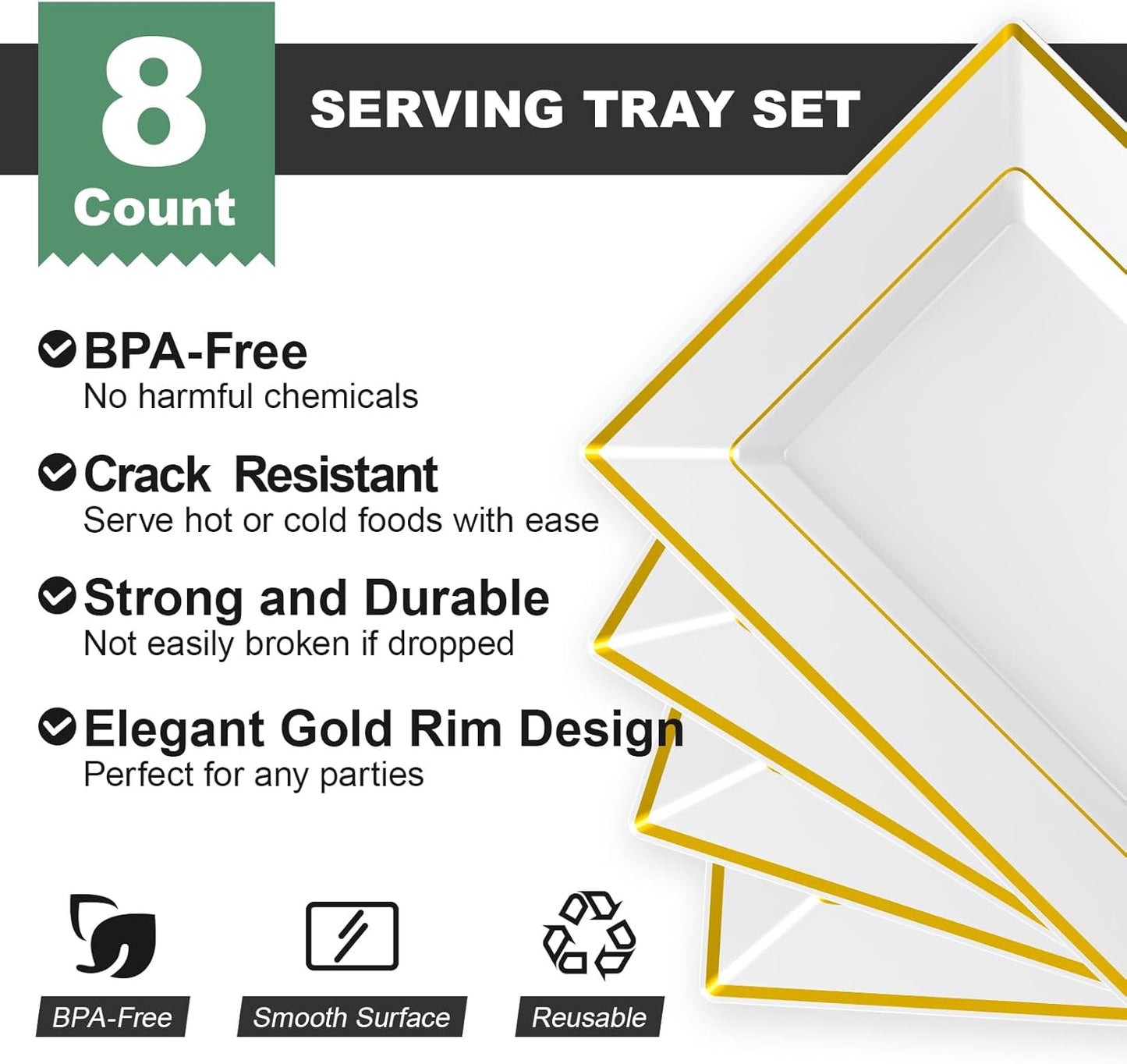 FOCUSLINE 8 PCS Plastic Serving Trays, White and Gold Rim Plastic Serving Platters, Disposable Tray for Food, Perfect for Wedding Parties