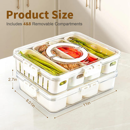 Snackle Box Container,2 Pack Divided Clear Snack Box Serving Tray with Lid and Handle,Charcuterie Board with Lid, Snack Organizer for Beach Picnic, Refrigerator Fresh, Party, Holidays and Travel