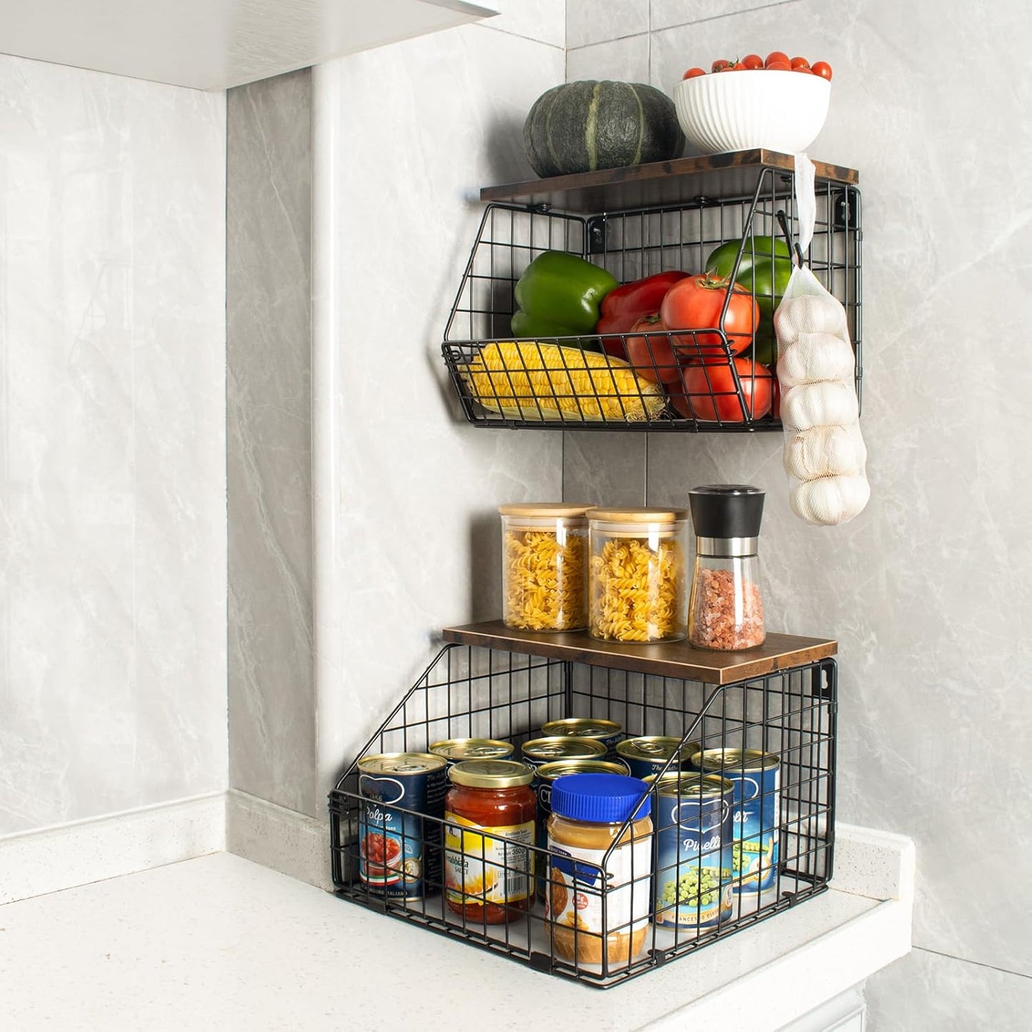 Mefirt Fruit Basket, 2-Tier Fruit Bowl for Kitchen Counter, Stackable Wall Mounted Fruit Storage, Snack Organizer, Potato and Onion Storage Basket, Hanging Pantry Storage with Wood Lid, 2 Set, White
