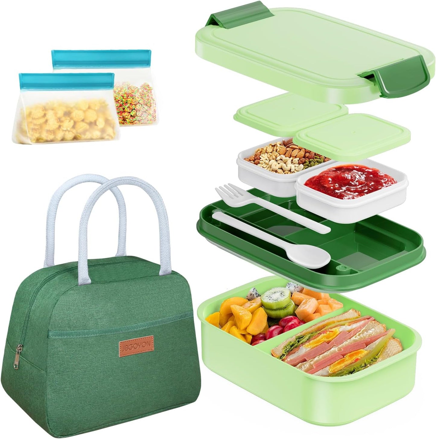 JBGOYON Bento Box and Lunch Bag Set, Leak-Proof Lunch Box for Adults and Kids with Built-in Utensils, Insulated for Work School Travel, Microwave & Dishwasher Safe, All-in-One (Purple)