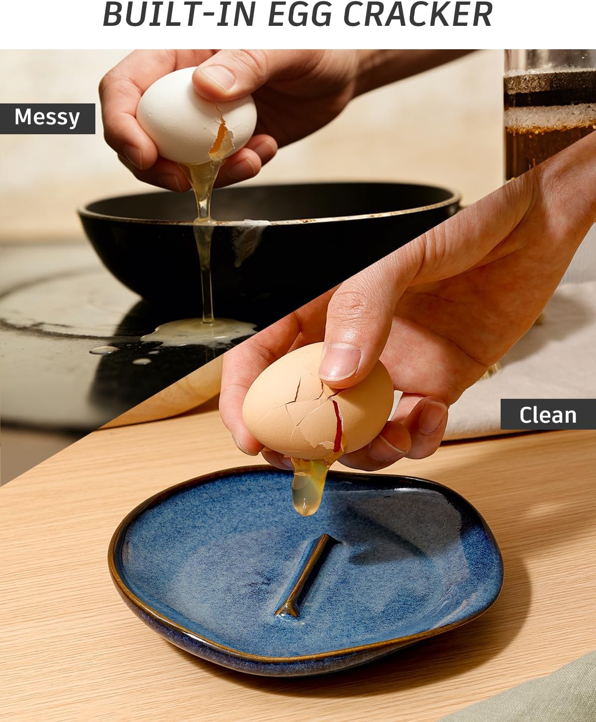 Ceramic Spoon Rest with Egg Cracker, Reactive Glaze Blue