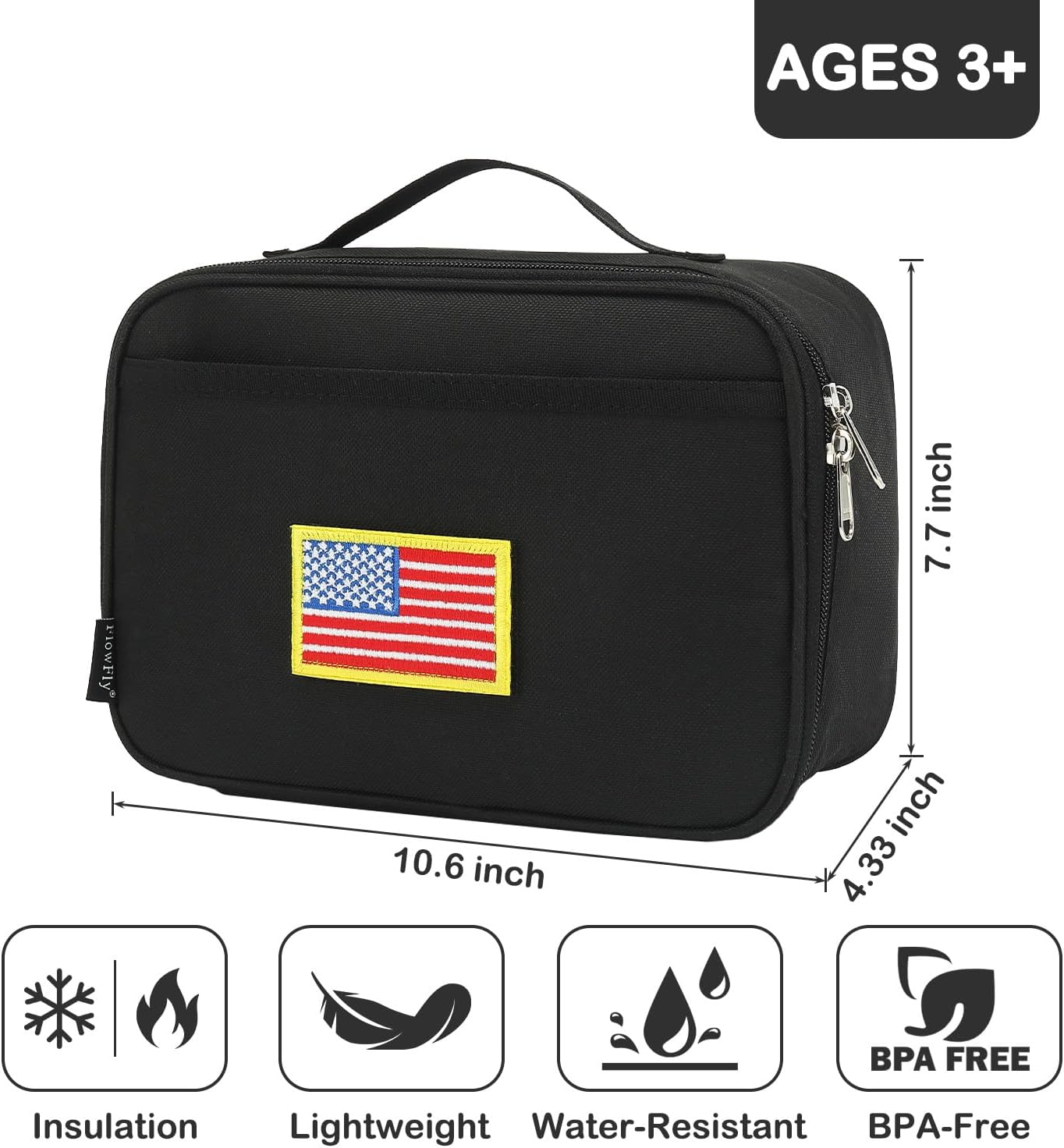FlowFly Kids Lunch box Insulated Soft Bag Mini Cooler Back to School Thermal Meal Tote Kit for Girls, Boys, Black