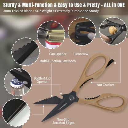 Kitchen Scissors All Purpose, Extra Sharp Kitchen Shears with Knife Sharpener & Sheath, Solid & Durable Stainless Steel Scissors with ANTI-RUST Black Titanium Plated, Dishwasher Safe - Black