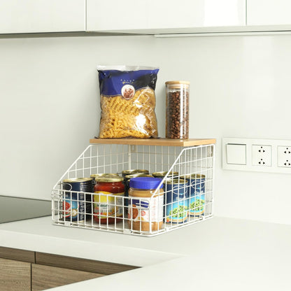 Mefirt Fruit Basket, 2-Tier Fruit Bowl for Kitchen Counter, Stackable Wall Mounted Fruit Storage, Snack Organizer, Potato and Onion Storage Basket, Hanging Pantry Storage with Wood Lid, 2 Set, White