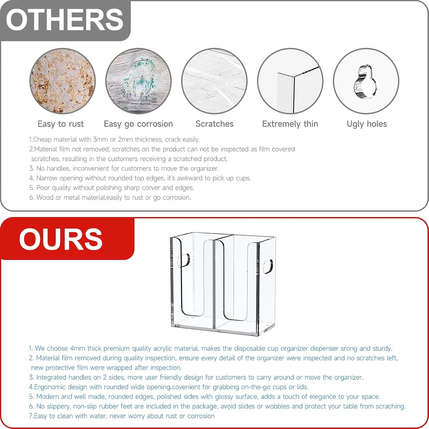 WINFFOR Disposable Cup Organizer Dispenser - 2 Compartments Clear Acrylic Cup and Lid Holder with Handles Plastic Cup Dispenser Countertop Paper Cup Holder for Coffee Bar House Party Essentials