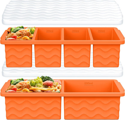 Silicone Freezer Trays with Lid for Soup, 1-Cup & 2-Cup Large Ice Cube Molds Food Storage Containers for Meal Prep, Freeze 500mL/250mL/125mL Portions – 2 Pack