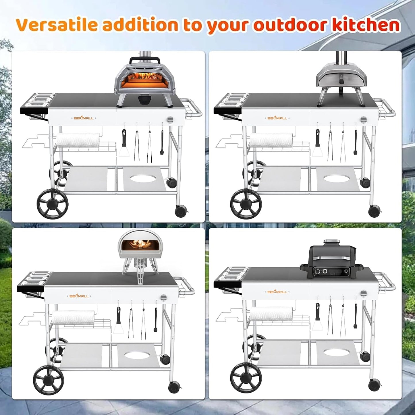 Upgraded Pizza Oven Cart Table for Ooni Koda/Karu/Fyra 16 & 12, Movable Thicken & Widen Rolling Kitchen Cart, Outdoor Grill Stand for Ninja Woodfire,Blackstone Griddle,Barbecue Tool Set