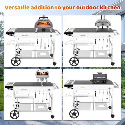 Upgraded Pizza Oven Cart Table for Ooni Koda/Karu/Fyra 16 & 12, Movable Thicken & Widen Rolling Kitchen Cart, Outdoor Grill Stand for Ninja Woodfire,Blackstone Griddle,Barbecue Tool Set