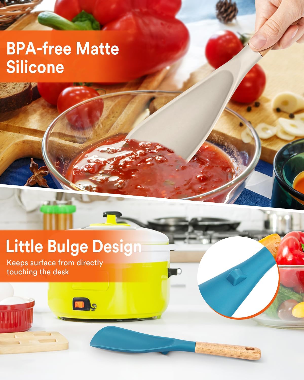 Cooking Spoon for Nonstick Cookwares, Great for Cooking and Serving Sturdy BPA-Free Matte Silicone, Wood Handle Spoon for Mixing, Scoop, and Scrape (Black & Grey, 11.4 inch)