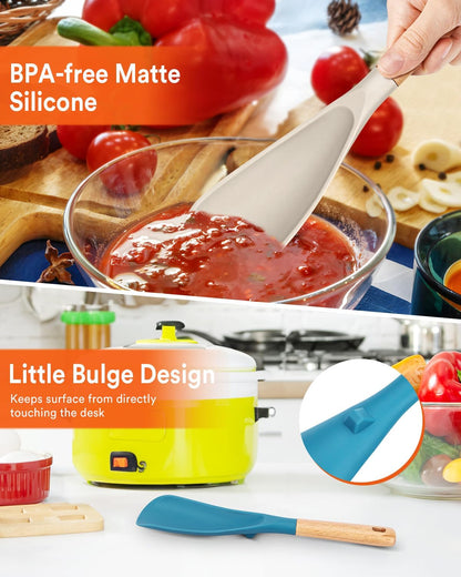 Cooking Spoon for Nonstick Cookwares, Great for Cooking and Serving Sturdy BPA-Free Matte Silicone, Wood Handle Spoon for Mixing, Scoop, and Scrape (Black & Grey, 11.4 inch)