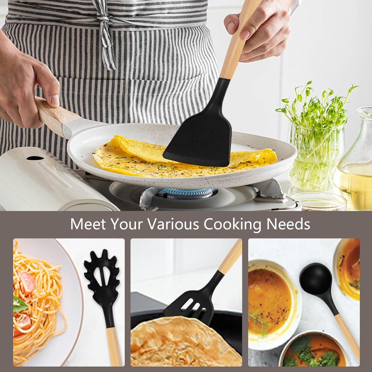 Non-Stick Silicone Cooking Utensils Set, 5 Pcs with Wooden Handle, Heat Resistant Silicone Kitchen Gadgets (Black)