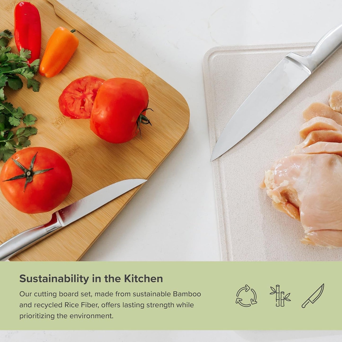 KitchenEdge Premium Acacia Cutting Board with Nesting Rice Fiber Chopping Board for Cooking Prep, 2 Piece Kitchen Set, Non-Slip Feet with Juice Groove, Heavy Duty, Pre Oiled, 17” x 12.5”