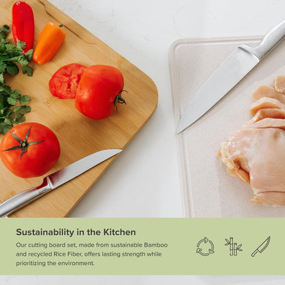 KitchenEdge Premium Acacia Cutting Board with Nesting Rice Fiber Chopping Board for Cooking Prep, 2 Piece Kitchen Set, Non-Slip Feet with Juice Groove, Heavy Duty, Pre Oiled, 17” x 12.5”