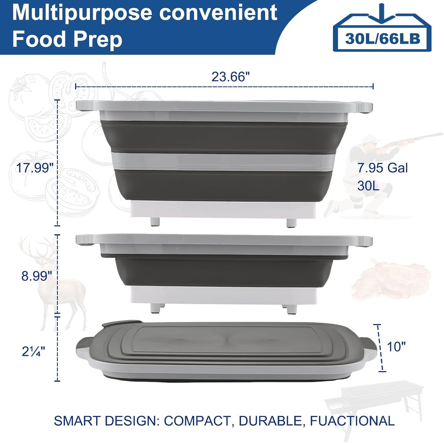 Collapsible BBQ Prep Tub with Cutting Board & Lid - XXL 7.95 Gal / 66 lb - Reusable Grilling Accessories - BPA-Free, Hand Wash (Drain Hole) - Outdoor, Boating, Hunting - Gift for Men