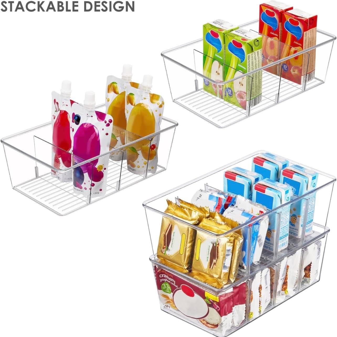 3 Pack Food Storage Organizer Bins, Clear Plastic Bins Removable Snack Organizer with 3 Dividers, Plastic Fridge Organizer and Cabinet Organizer for Kitchen, Pantry, Condiment, Packets Spices