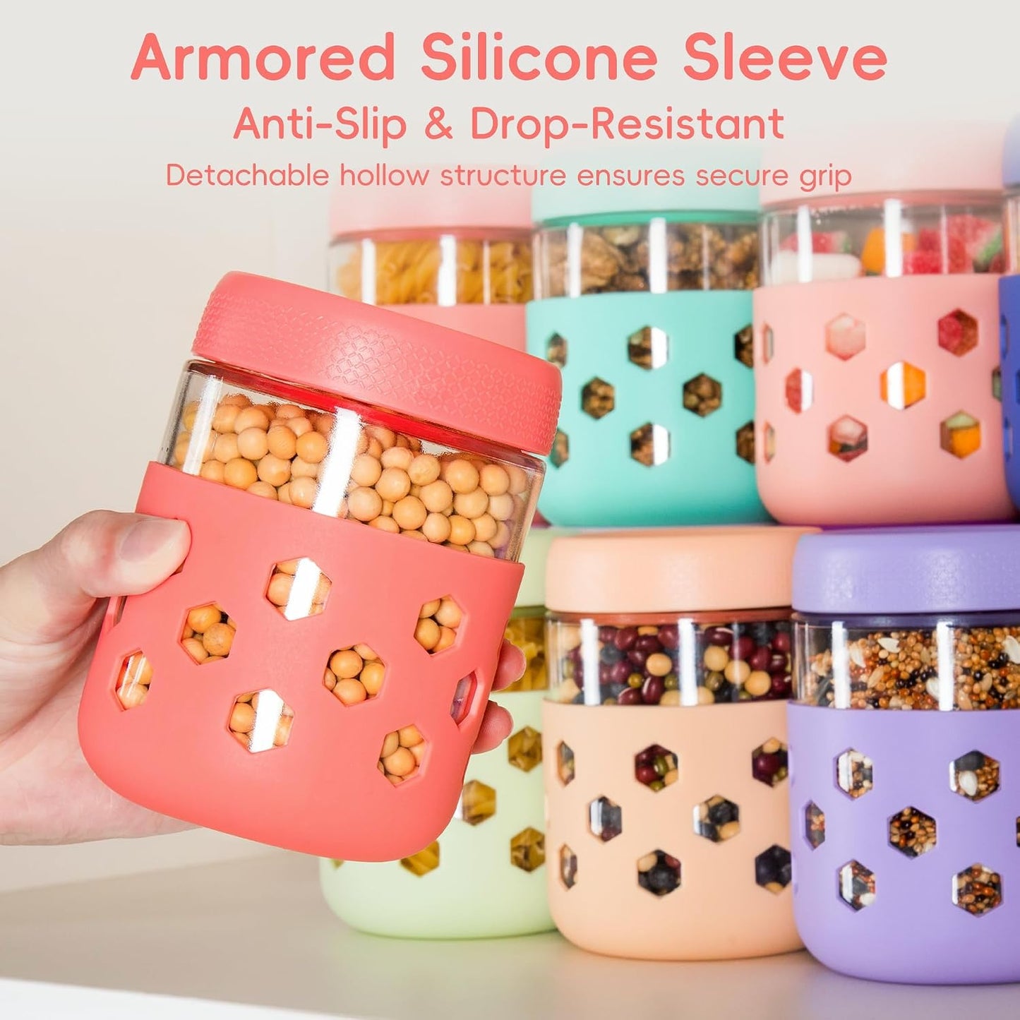 Gemice 6-Pack 10oz Glass Mason Jars with Silicone Sleeves, Airtight BPA-Free Overnight Oats Containers with Lids, Dishwasher Safe Leak-Proof Meal Prep Jars for Chia Pudding, Yogurt, Snacks