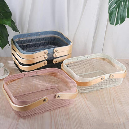 AJIODA Metal Mesh Steel Basket, Storage Organizer Basket Garden Harvest Basket Multi-functional Kitchen Fruit Baskets Bin with Wooden Handle for Bathroom Picnic Shopping Decor Cabinet Home, Pink