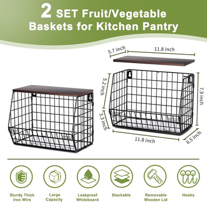 White Fruit Bowl Wire Basket Storage Pantry Fruit and Vegetable Storage Fruit Basket for Kitchen Counter Stackable Wall Mounted Hanging Basket Wire Basket with Wood Lid with Hanger Hooks
