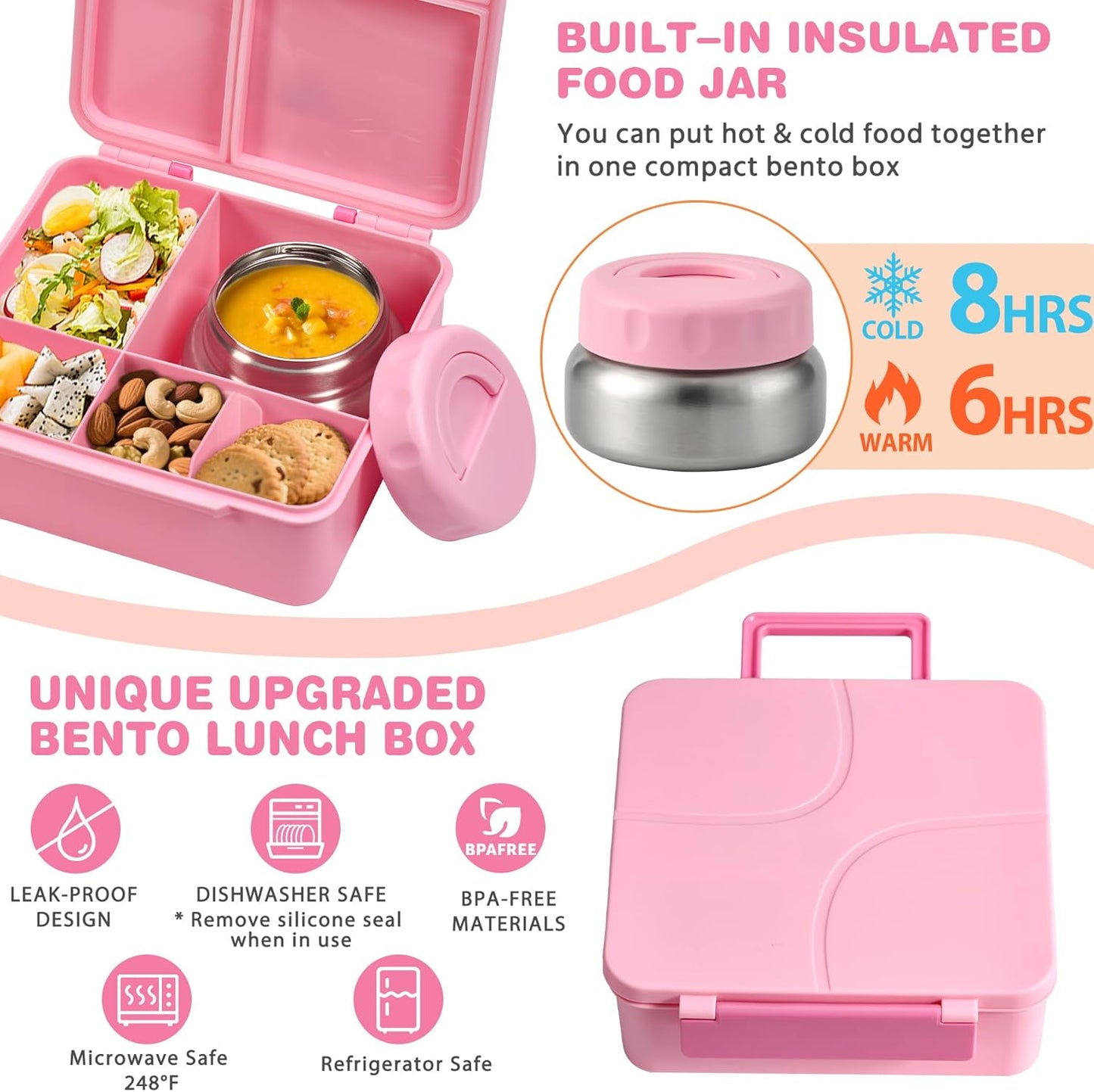 Bento Lunch Box with 9.5 oz Soup Thermo, Kids Leakproof 4 Compartments Bento Box with Silicone Cupcake,Fruit Fork,Spoon and Sauce Cup,Insulated Food Jar for School Travel-Black