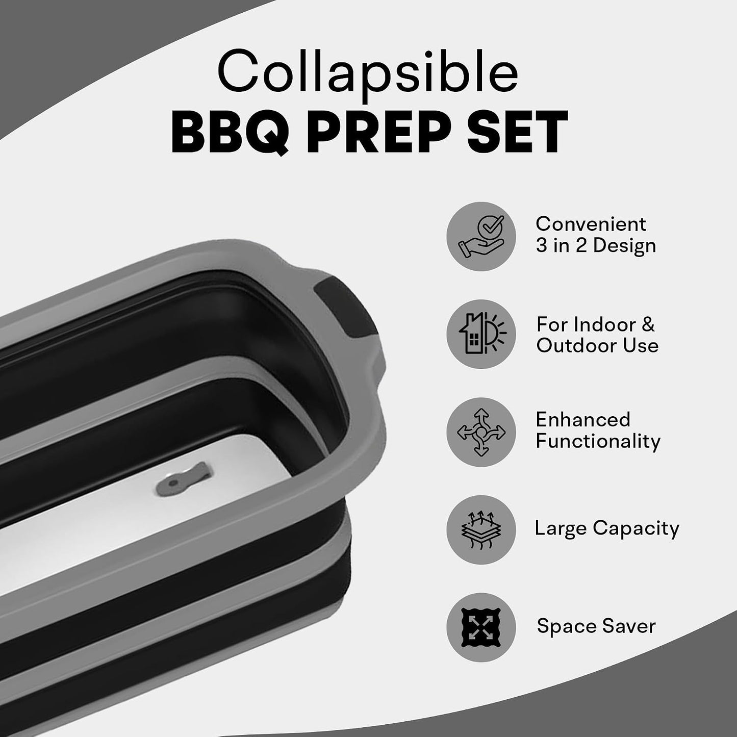 2-Pack XL Collapsible BBQ Prep Tub with Built-in Cutting Board, Lid & Strainer – Multipurpose Meal Prep Container for Outdoor Cooking, BBQ Parties, Kitchen & Travel Use (Black)