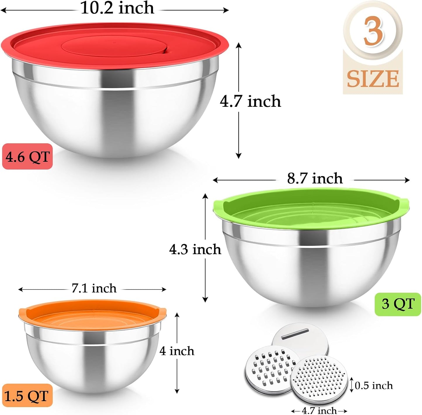TeamFar Mixing Bowls, Stainless Steel Nesting Salad Bowls with Lids Set of 3 & 3 Grater Attachments, For Mixing/Serving/Storing, Non-toxic & Long-lasting, Size 4.6/3 / 1.5 QT, Black