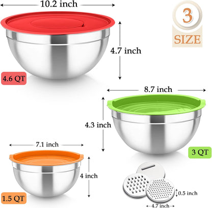 TeamFar Mixing Bowls, Stainless Steel Nesting Salad Bowls with Lids Set of 3 & 3 Grater Attachments, For Mixing/Serving/Storing, Non-toxic & Long-lasting, Size 4.6/3 / 1.5 QT, Black