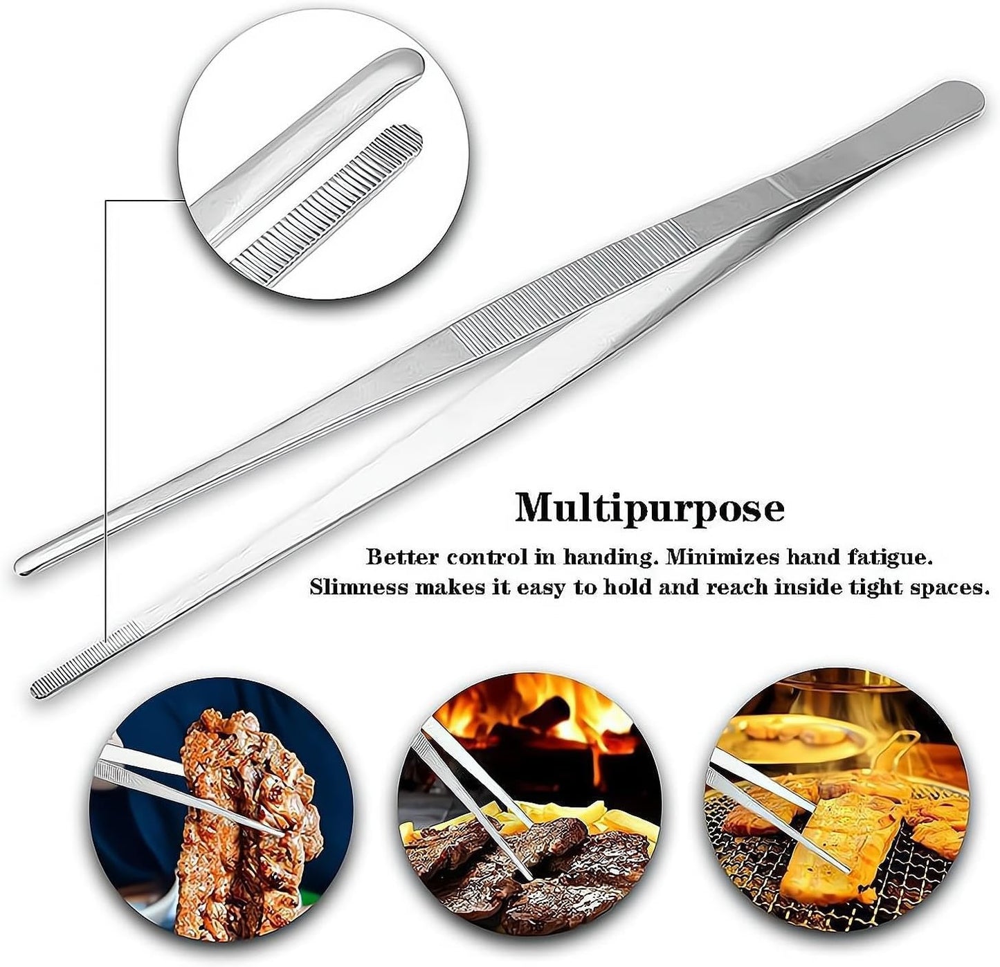 2Pcs Stainless Steel Kitchen Tweezers, 8-Inch Culinary Fine Tweezer Tongs Food Tongs for Cooking Tongs with Precision Serrated Tips for Surgical & Sea Food (8-Inch/2Pcs)