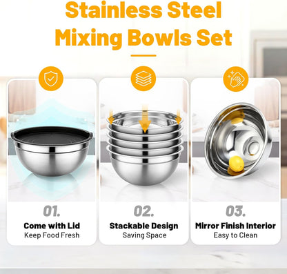 Beasea Stainless Steel Mixing Bowls, 5 Pack 1.5 QT Stackable Nesting Mixing Bowls with Airtight Lids, Metal Bowl with Lid for Baking, Meal Prepping, Salad, Serving, Food Storing