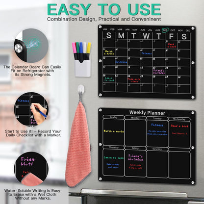 Magnetic Monthly & Weekly Fridge Calendar - Black Dry Erase Acrylic Refrigerator Planning Board Includes 6 Colorful Markers, Pen Holder, Towel, Hook