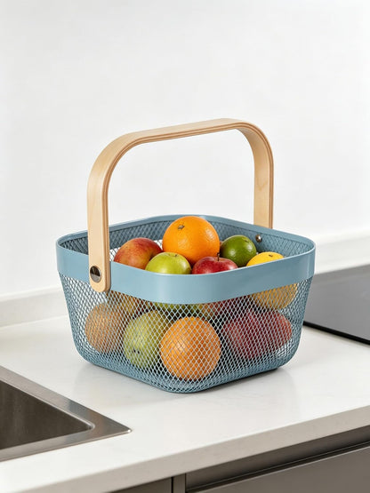 AJIODA Metal Mesh Wire Basket, Large Steel Basket with Wooden Handle Storage Organizer Basket Multi-functional Hanging Kitchen Baskets Fruit Baskets for Kitchen Bathroom Cabinet Pantry Snacks, Black