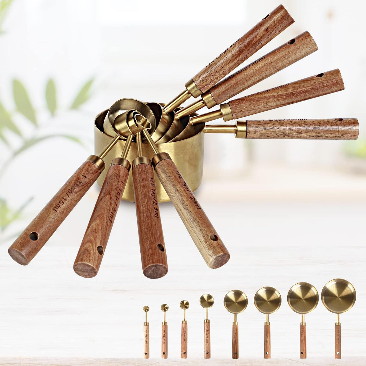 Collection 8 Piece Gold Measuring Cups Set and Measuring Spoons, Golden With fragrant wood Handles-Complete Set of Measure Cups and Spoons For Cooking and Baking.…