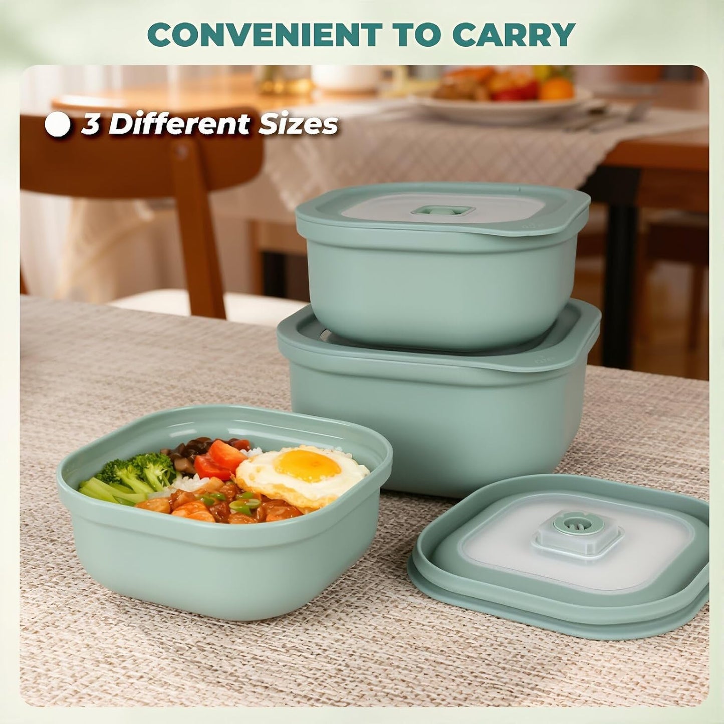 3-Piece Nesting Vented Plastic Food Containers with Lids Airtight Leakproof Meal Prep Containers Set BPA-Free Reusable Silicone Food Containers Lunch Boxes (White)