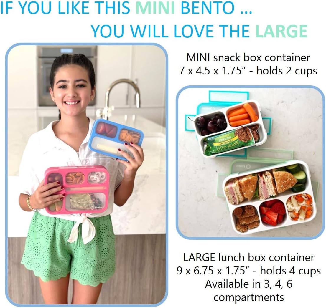 Small Snack Containers for Kids Toddlers - 3 Compartments (Set of 2) - Leak-Proof Reusable Boxes with Lids - BPA-Free Plastic Mini Bento Lunch Box - Holds 2 Cups Capacity (Pastel Blue+Teal Sparkle)