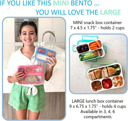 Small Snack Containers for Kids Toddlers - 3 Compartments (Set of 2) - Leak-Proof Reusable Boxes with Lids - BPA-Free Plastic Mini Bento Lunch Box - Holds 2 Cups Capacity (Pastel Blue+Teal Sparkle)