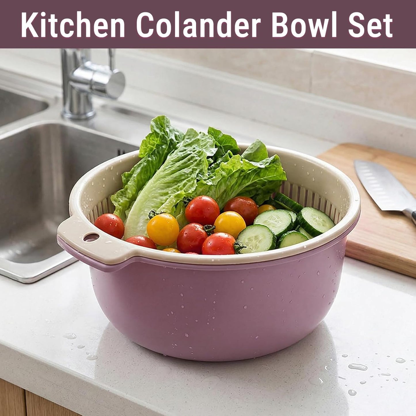 2 in 1 Colander Bowl Set, Detachable Strainer and Serving Bowl Kitchen Fruit Vegetable Washing Drainer for Home Meal Prep and Salad Making (Extra Large 20x9x24cm)
