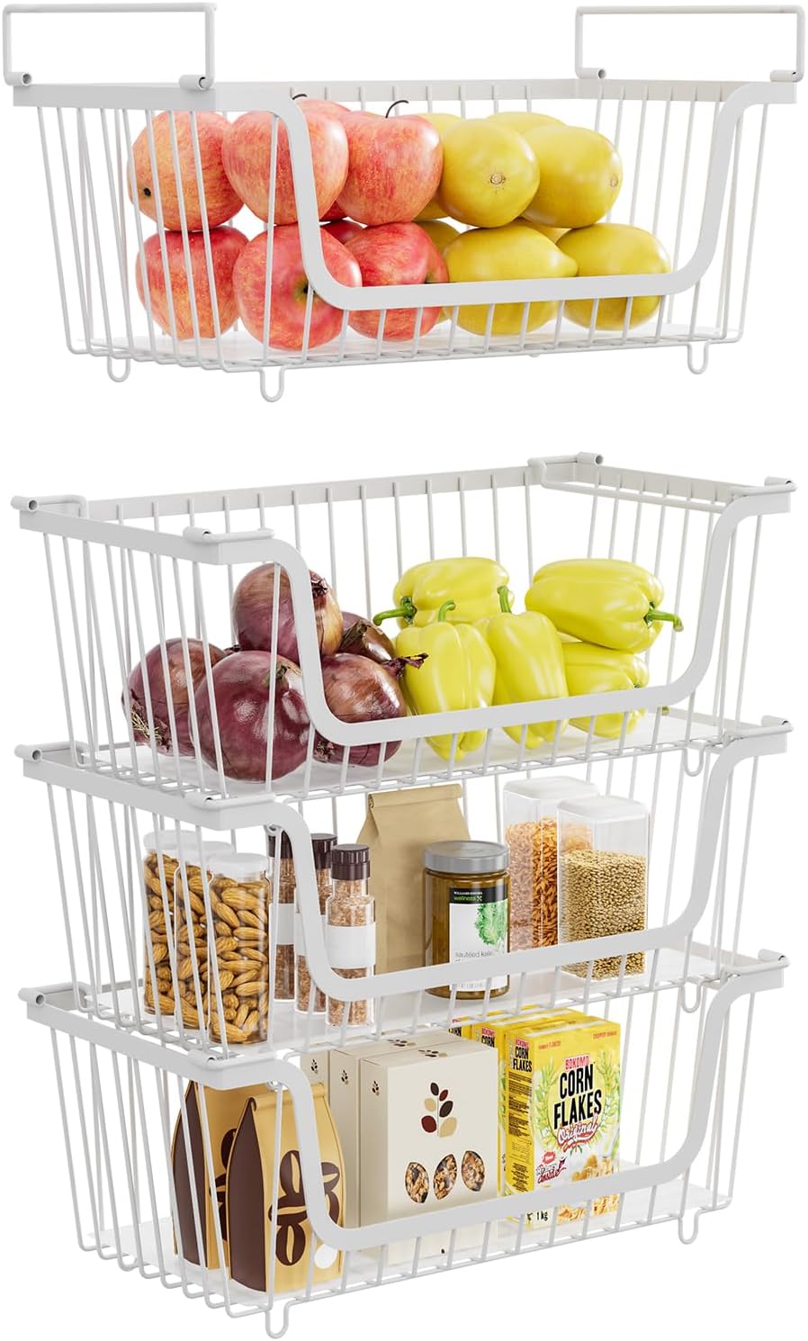 4 Pcs Stackable Wire Baskets for Pantry Organizers and Storage,Kitchen Storage Metal Baskets,Produce Potato Onion Storage Bin,Vegetable Fruit Basket for Countertop,Black