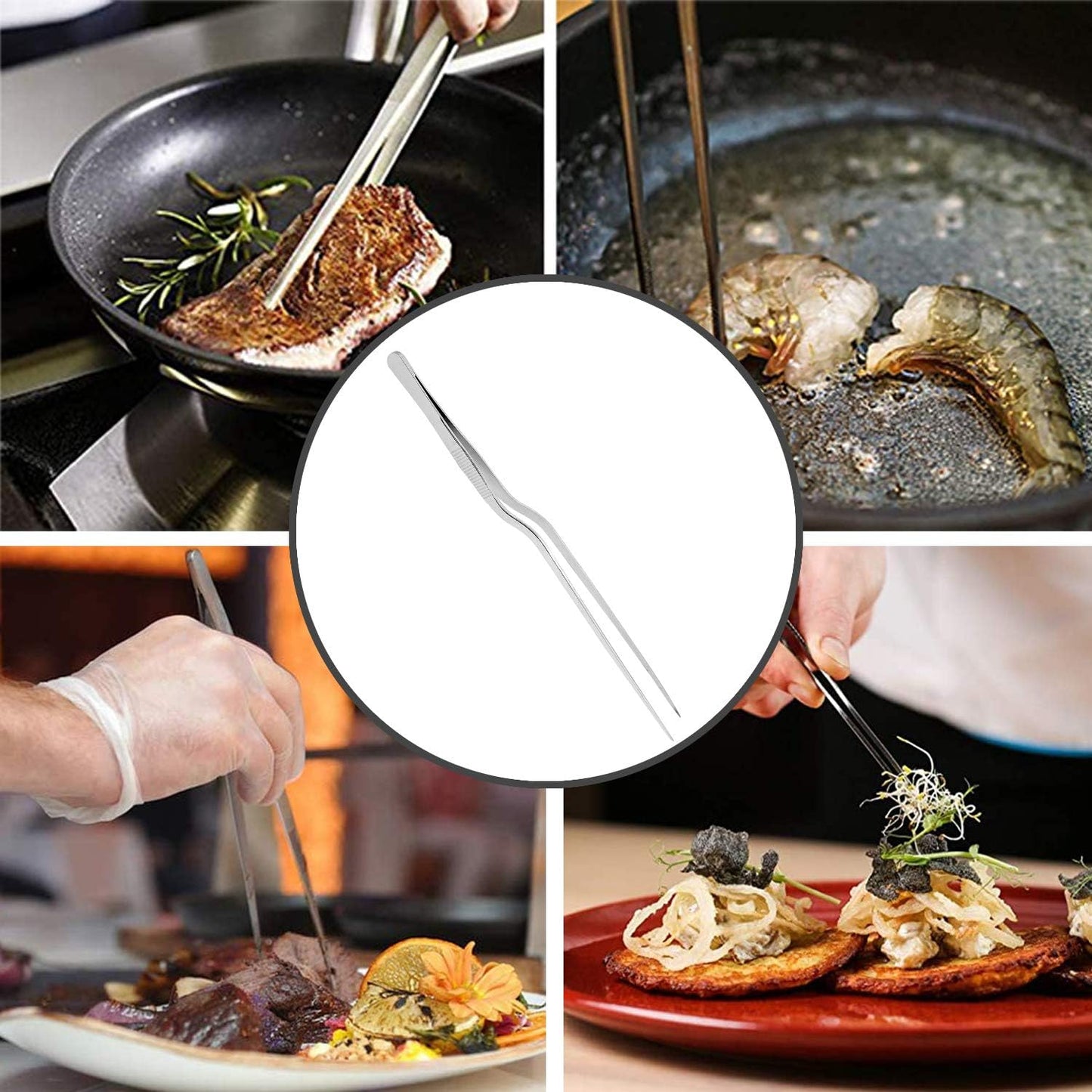3 Pack Stainless Steel Offset Tweezer Culinary, 12" 8" 6" Kitchen Tweezers for Cooking, Chefs Precision Tweezers for Cooking