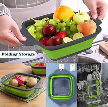 Square Collapsible Colander Set,Save Storage Space Collapsible Colander Strainer with Handle,for Kitchen and Travel Use (Green)