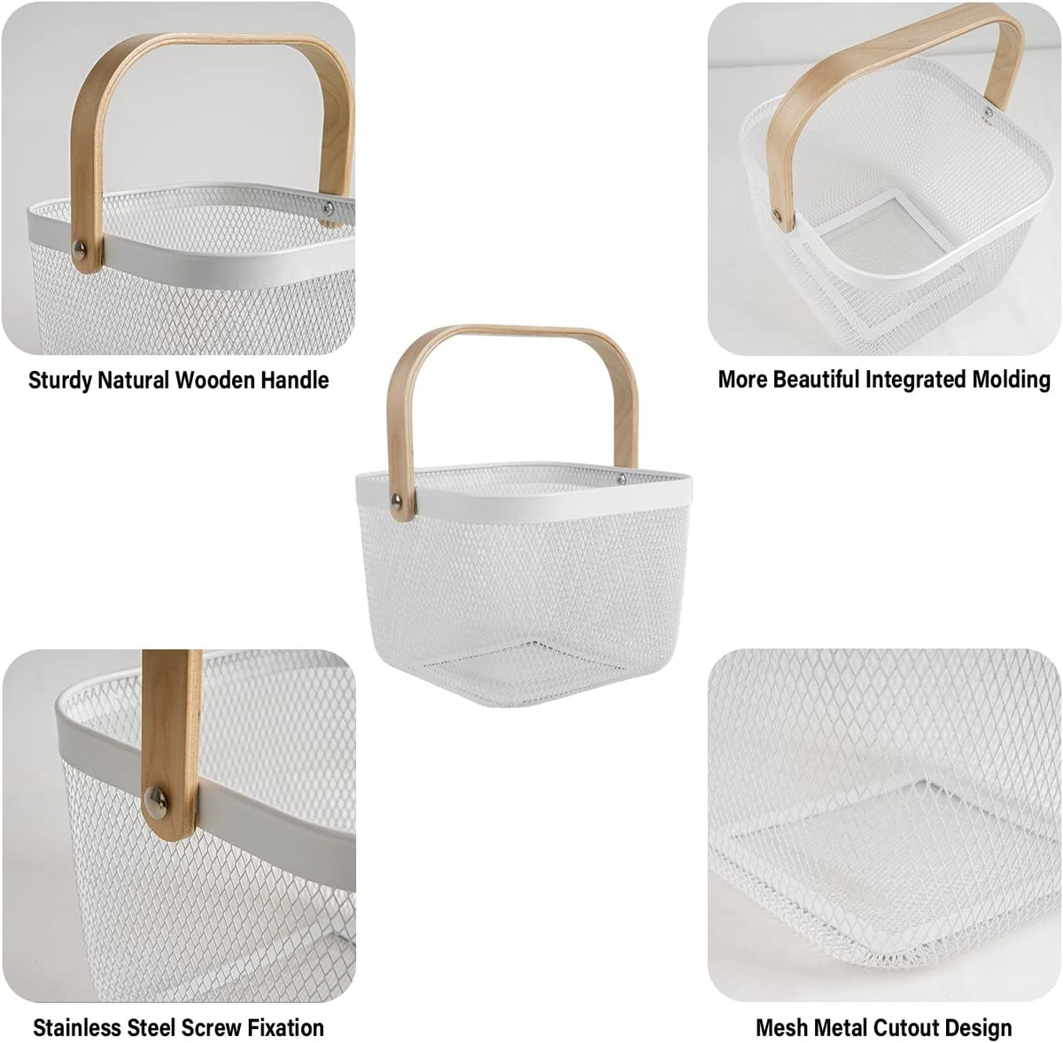 Metal Mesh Steel Harvest Basket, Rectangle Wire Garden Basket with Handle – Multi-functional Storage Organizer for Gathering Vegetables, Fruits, Kitchen, Garden, Picnic & Cabinet (Ivory)