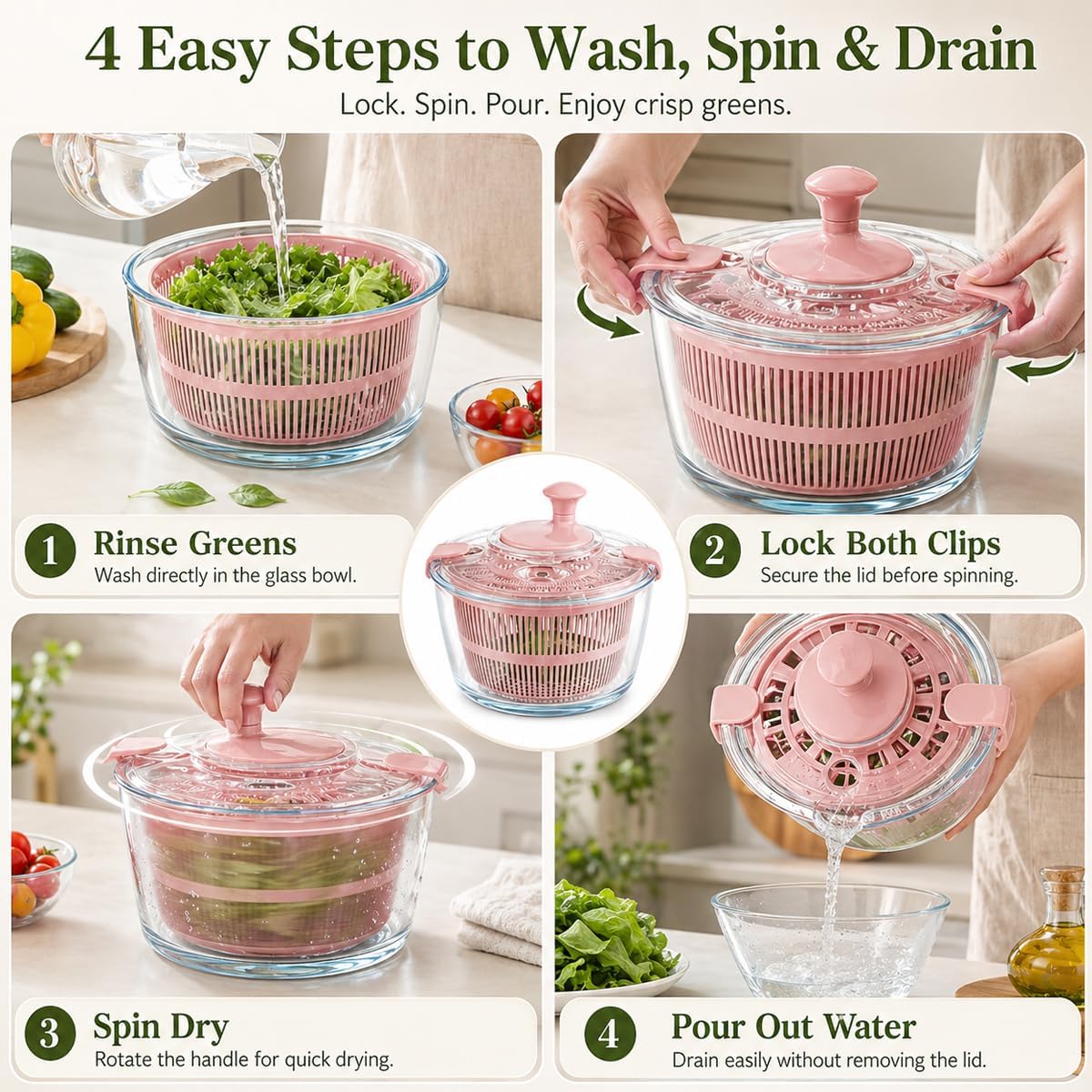 Large 5.2 Qt Glass Salad Spinner with Storage Lid Glass Bowl Black