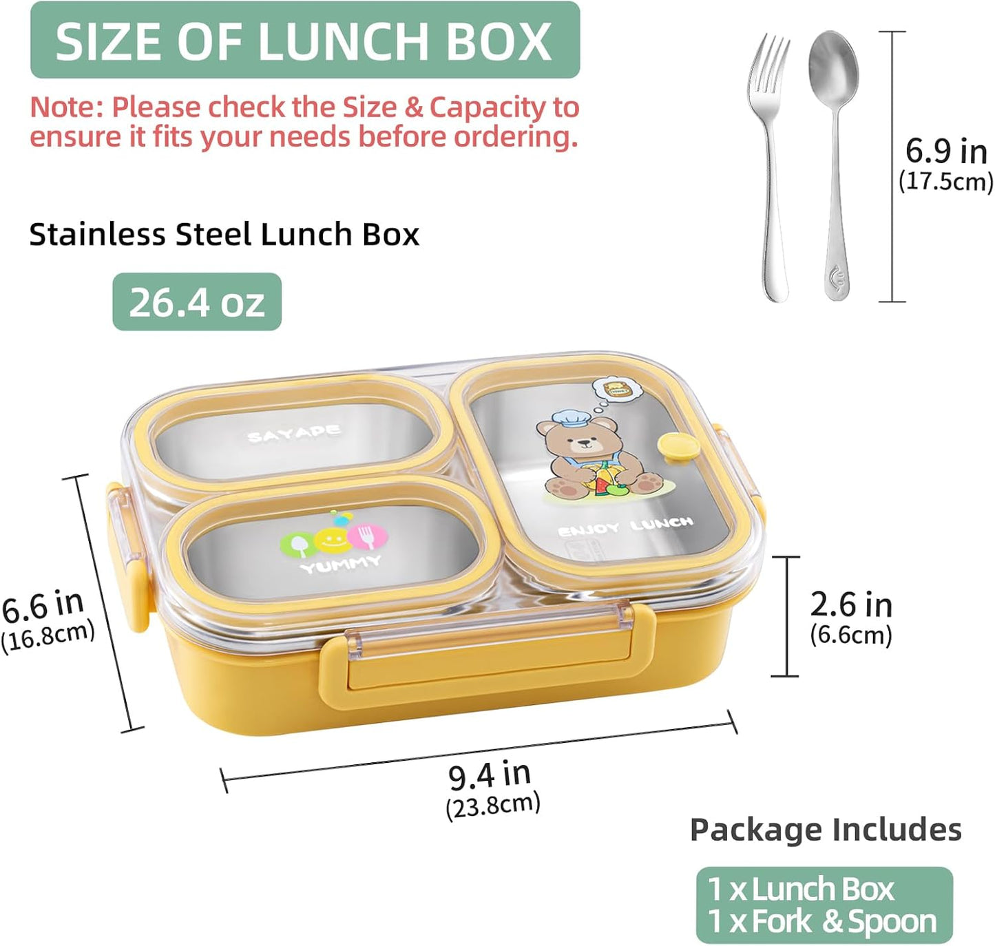 SAYAPE Stainless Steel Bento Lunch Box for Kids, 26.4 oz Leak-Proof 3-Compartment Metal Bento Box, BPA-Free, Cute Cartoon Meal Prep Snack Container with Utensils for School, Office, Travel - Beige