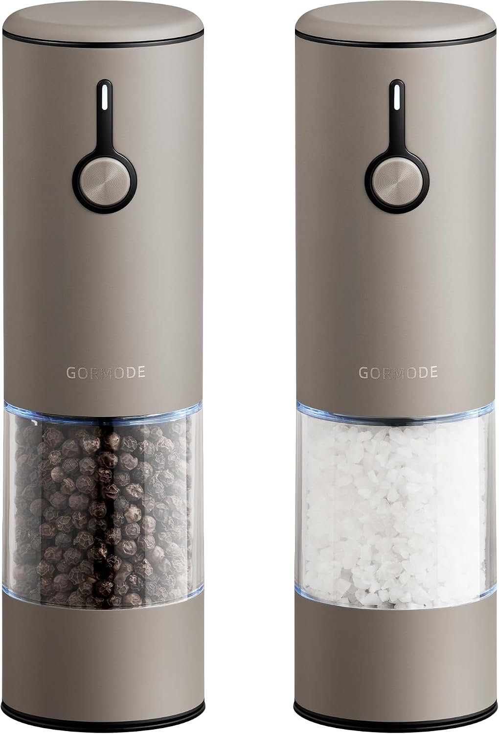 Stainless Steel Rechargeable Electric Salt and Pepper Grinder Set – USB Charging, One-Hand Electric Mill, Adjustable Coarseness, LED Light & Dust Cover –2pack(Greige & Buttercream)