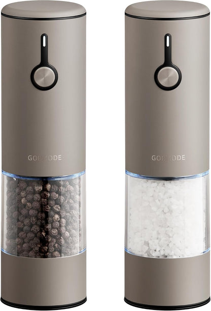 Stainless Steel Rechargeable Electric Salt and Pepper Grinder Set – USB Charging, One-Hand Electric Mill, Adjustable Coarseness, LED Light & Dust Cover –2pack(Greige & Buttercream)