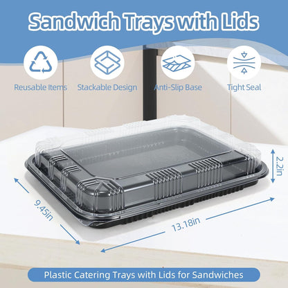 10 Pack Catering Trays with Lids, 13" Charcuterie Board with Lid, Serving Tray with Lid for Cookie, Dessert and Sandwiches, Reusable Plastic Serving Trays for Catering, Buffet