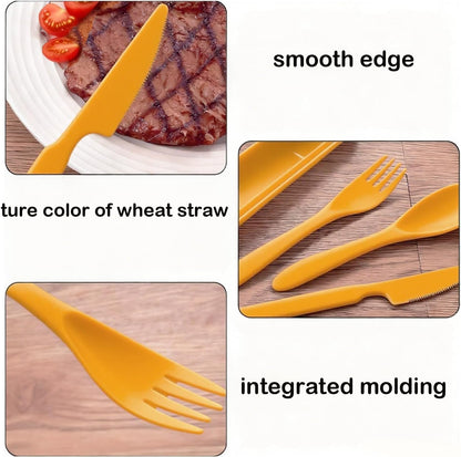 Travel Utensils Set - Reusable 5 Sets Wheat Straw Plastic Cutlery with Case, Portable Forks Spoons and Knives Set, Eco-Friendly BPA Free for Daily Use (5 Purple)