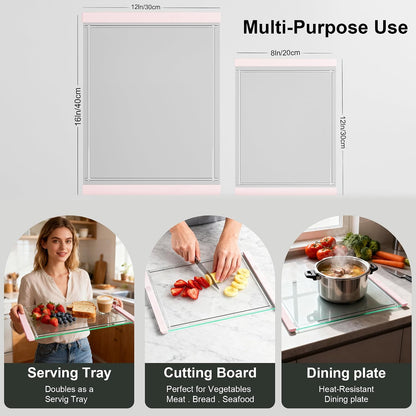 Tempered Glass Cutting Board Set for Kitchen Counter - Dishwasher Safe with Juice Grooves, Non-Slip Silicone Edges & Beveled Grip - 16"x12" & 12"x8" Serving Tray (Blue)