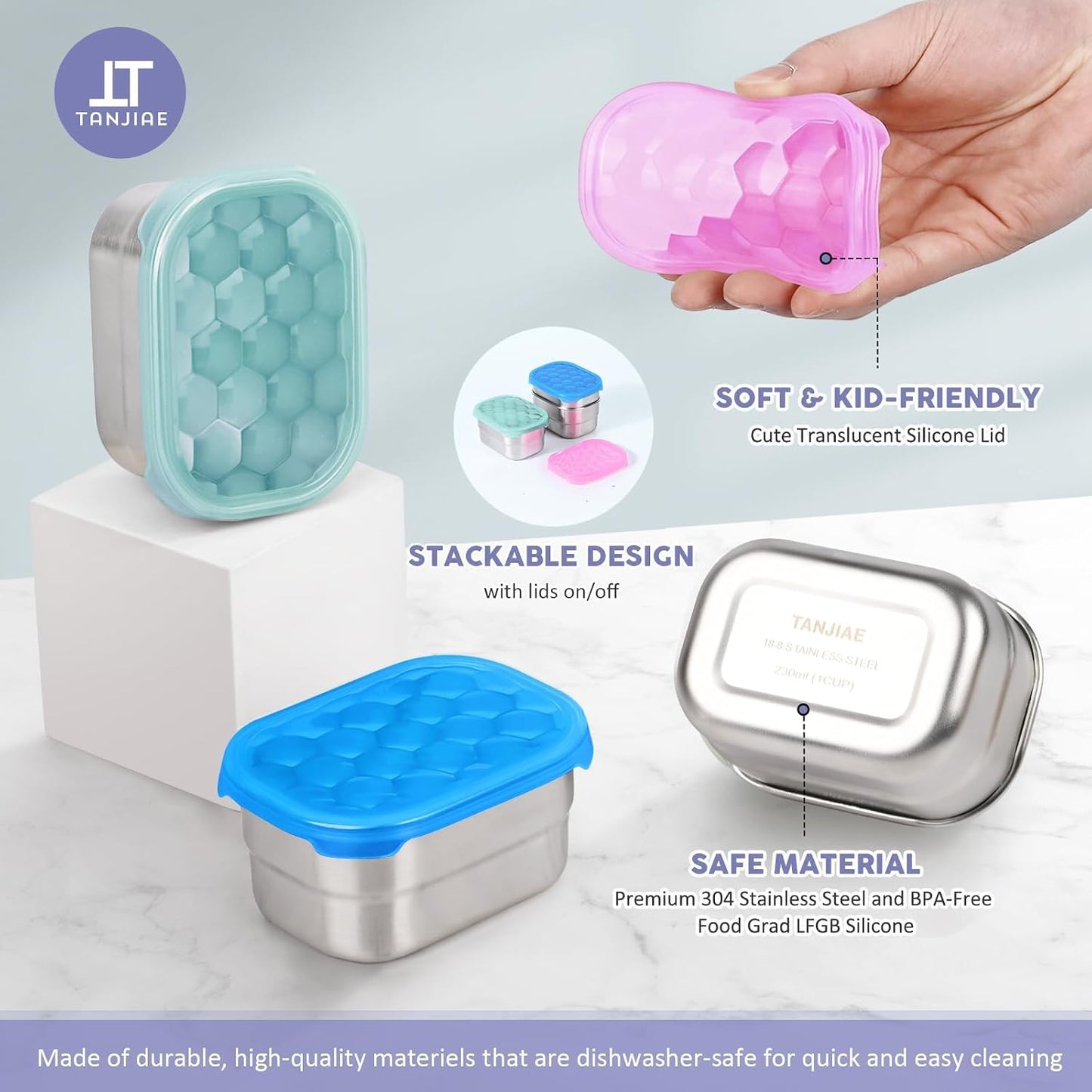 Tanjiae Small (1 CUP) Stainless Steel Snack Containers for Kids | Easy Open Leak Proof Food Containers with Silicone Lids - Perfect Metal Toddler Lunch Box for Daycare and School (8oz)